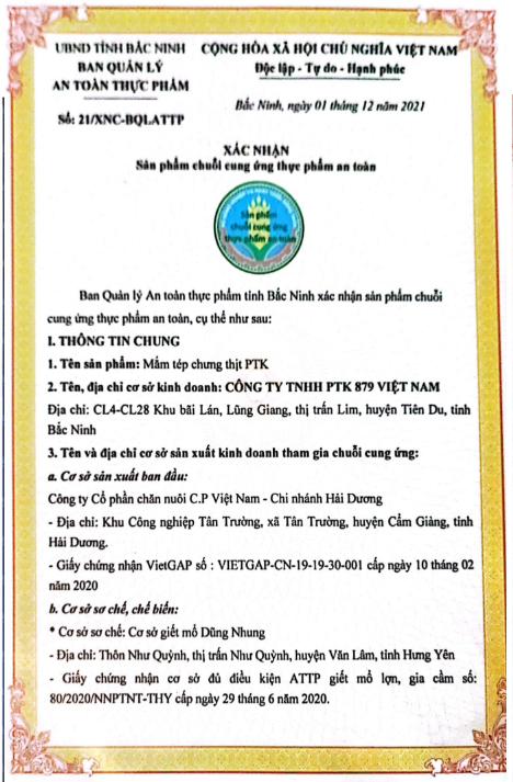 Giây chứng nhận chuỗi cung ứng sản phẩm Thịt xào mắm tép PTK