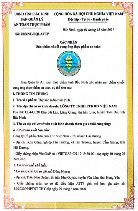 Giây chứng nhận chuỗi cung ứng sản phẩm Thịt xào mắm tép PTK