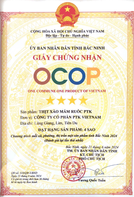 Chứng nhận sản phẩm OCOP Mắm tép chưng thịt PTK